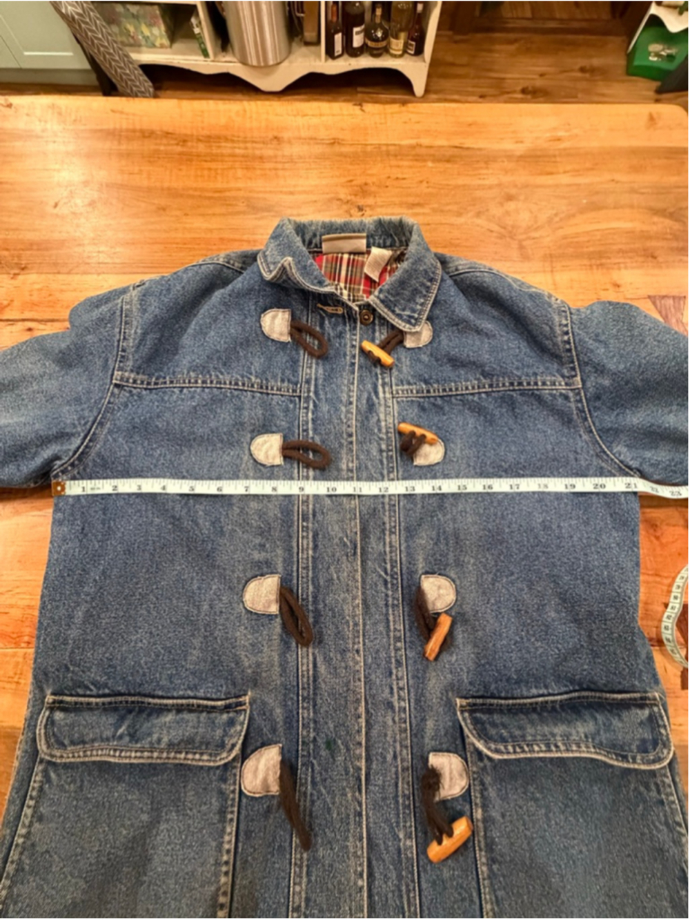 Liz Claiborne Denim Toggle Coat Jacket Plaid Lined Vintage 90s Boho Petite P - Picture 9 of 13